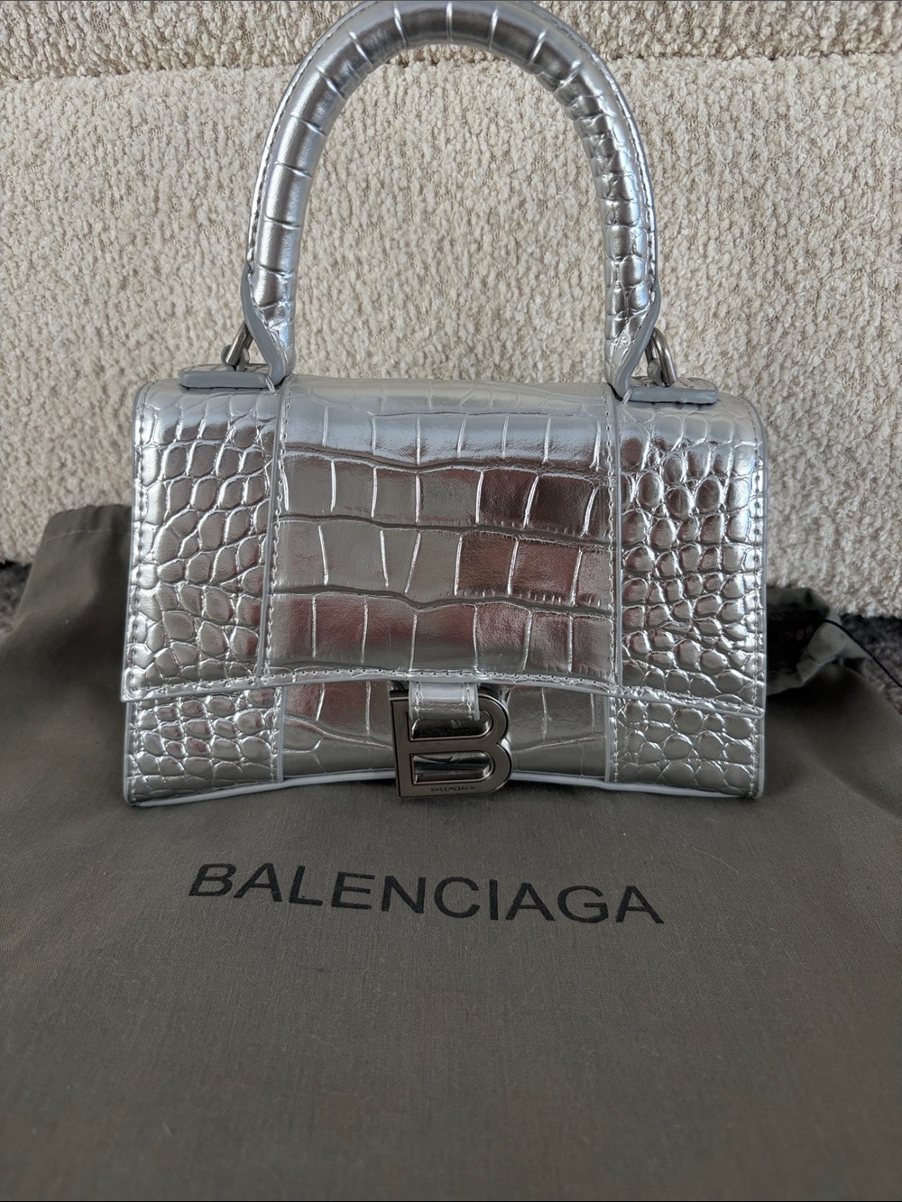 Balenciaga Silver Croc-Embossed Mini Top Handle Bag